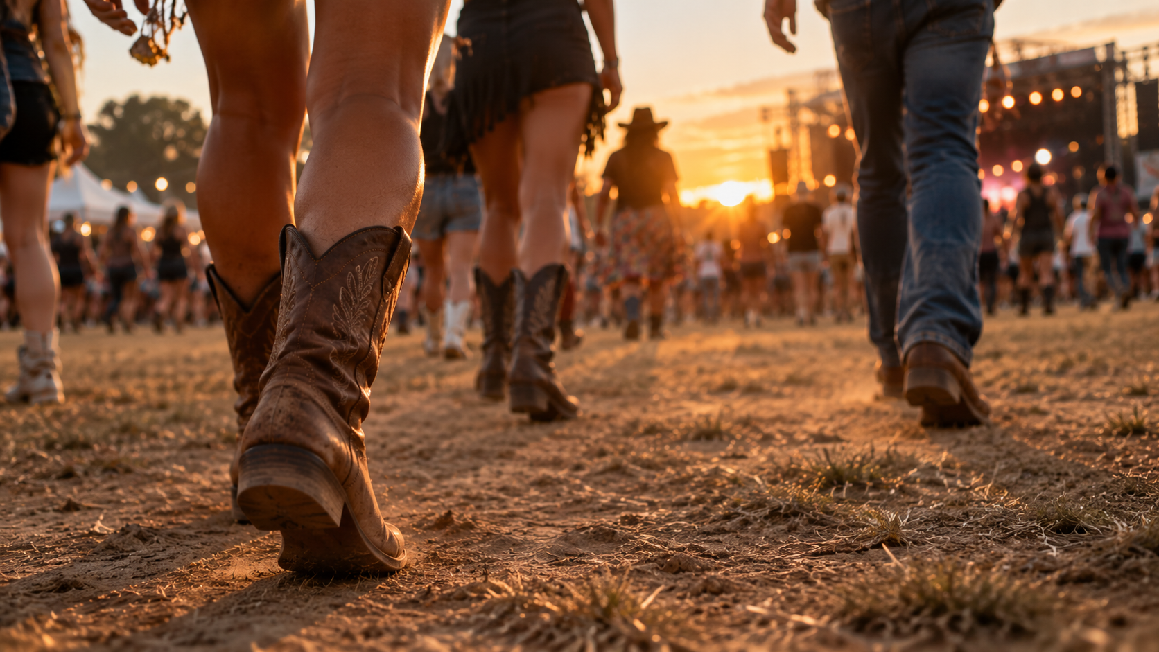 Close up of people in cowboy boots walking towards stage at country music festival.