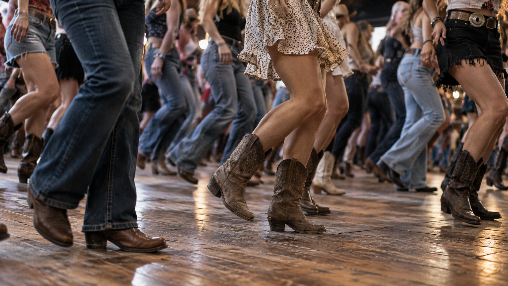 People line dancing with only cowboy boots and legs in frame on a wooden floor.