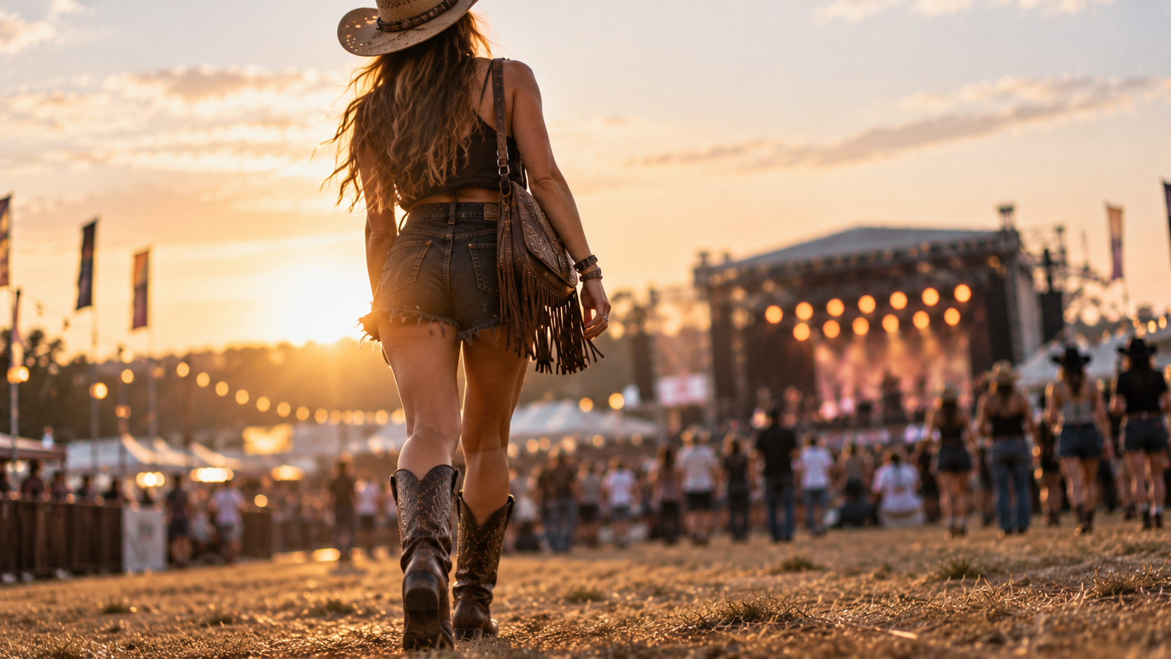 A solo country music festival attendee walking towards a music stage.